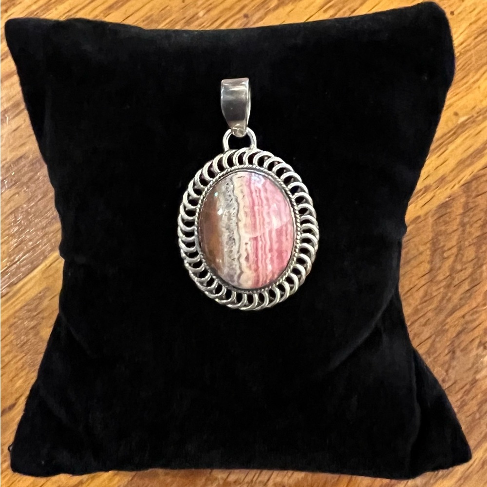 .925 Sterling Silver Pink Rhodocrosite Pendant  1 3/8" L including bale x 3/4" W